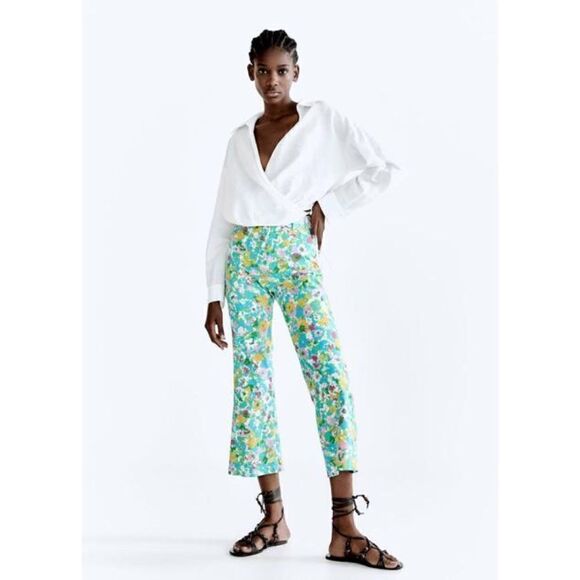 NWT Zara Floral Printed Linen Blend High Waisted Cropped Flare Trousers, Size 4 - Picture 7 of 16